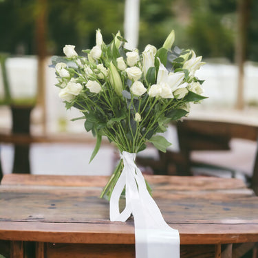 Pure Elegance Hand-Tied Bouquet, White Lily, Roses, Eucalyptus, Flowers Care Instructions